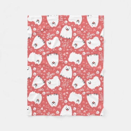 Funny White Pomeranian Dog with Hearts Pattern Fleece Blanket