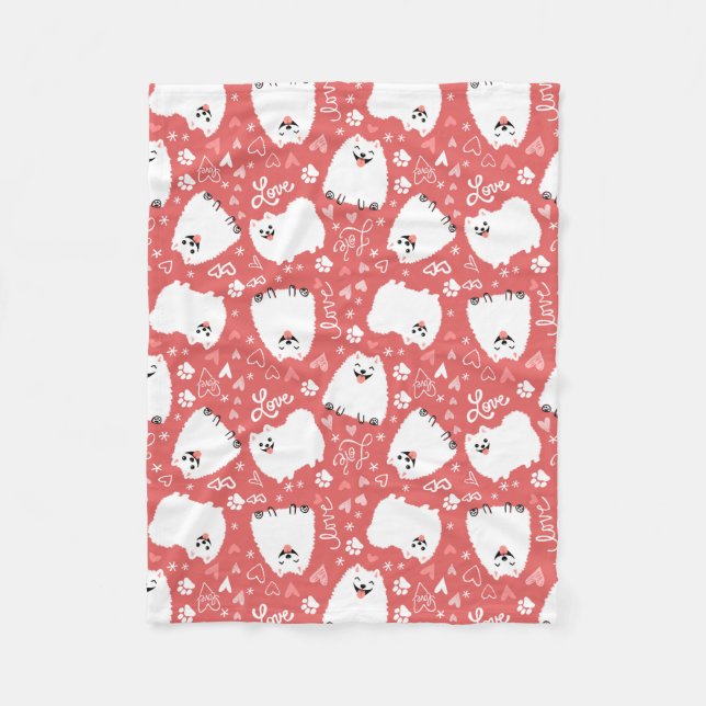 Funny White Pomeranian Dog with Hearts Pattern Fleece Blanket (Front)