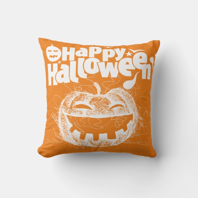 Funny white Pumpkin Face Halloween typography  Throw Pillow (Front)