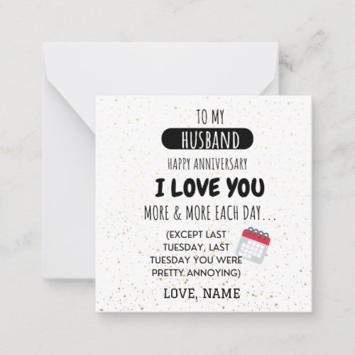 Funny Wife to Husband Humor Message on Anniversary Note Card