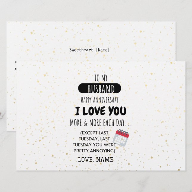 Funny Wife to Husband Humor Message on Anniversary Stationery (Front/Back)
