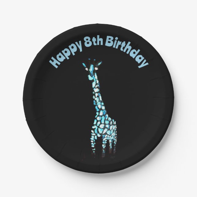 Funny Wild Animal Blue Giraffe Age Birthday Paper Plates (Front)