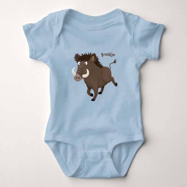 Funny wild boar razorback cartoon illustration baby bodysuit (Front)