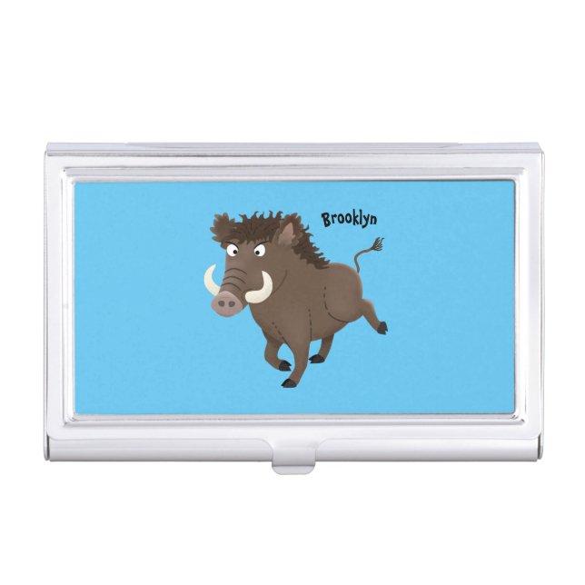 Funny wild boar razorback cartoon illustration business card case (Front)