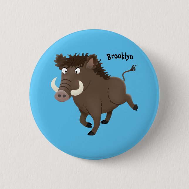 Funny wild boar razorback cartoon illustration button (Front)
