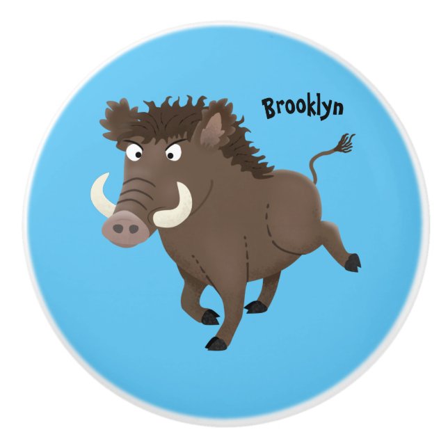 Funny wild boar razorback cartoon illustration ceramic knob (Front)