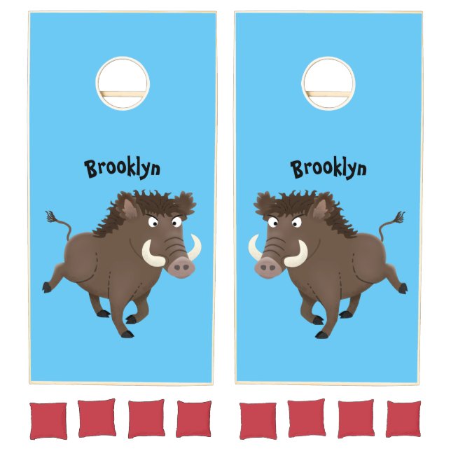 Funny wild boar razorback cartoon illustration cornhole set (Set)