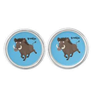 Funny wild boar razorback cartoon illustration cufflinks