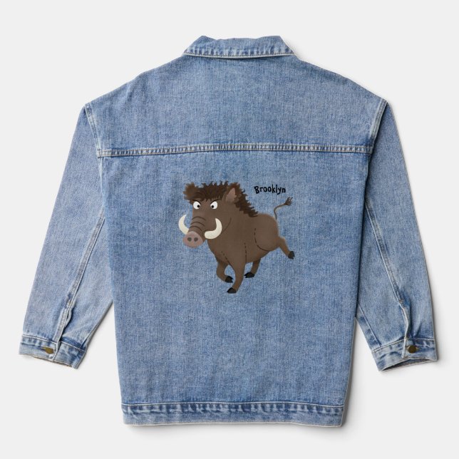 Funny wild boar razorback cartoon illustration denim jacket (Back)