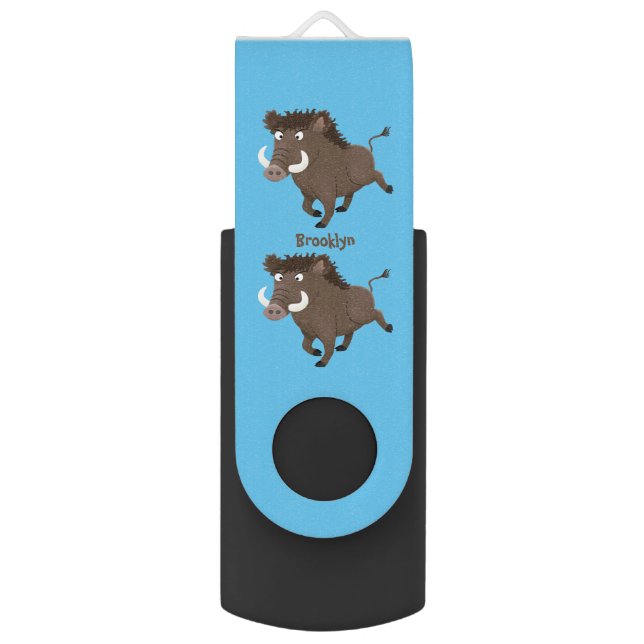 Funny wild boar razorback cartoon illustration flash drive (Front Vertical)