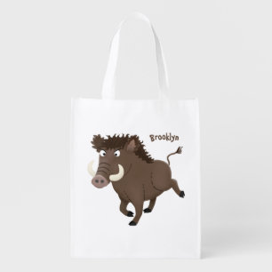 Funny wild boar razorback cartoon illustration grocery bag