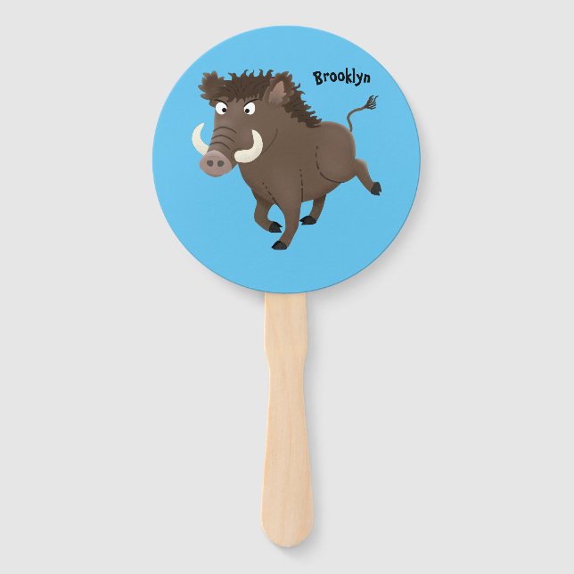 Funny wild boar razorback cartoon illustration hand fan (Front)
