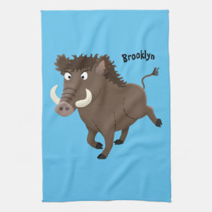 Funny wild boar razorback cartoon illustration kitchen towel