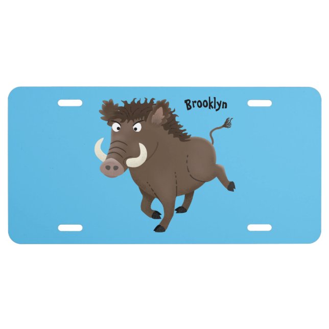 Funny wild boar razorback cartoon illustration license plate (Front)