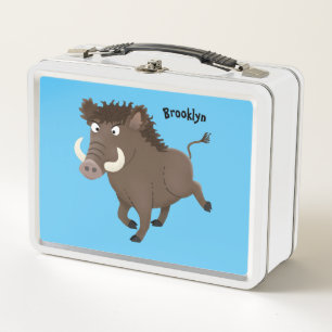 Funny wild boar razorback cartoon illustration metal lunch box