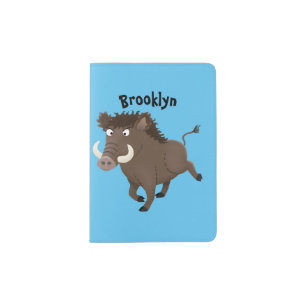 Funny wild boar razorback cartoon illustration passport holder