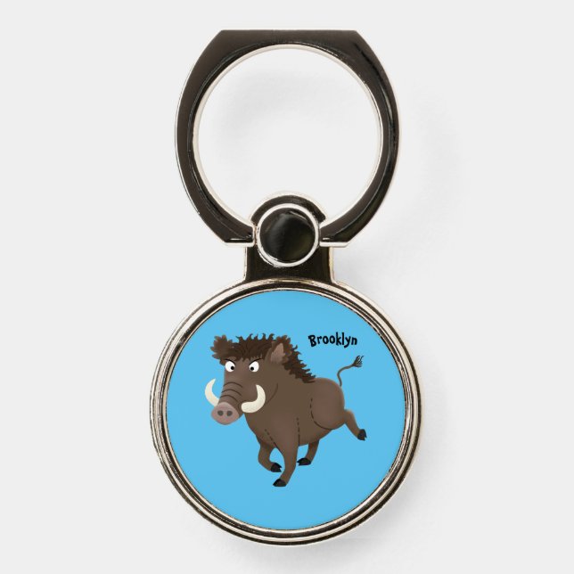 Funny wild boar razorback cartoon illustration phone ring stand (Front)