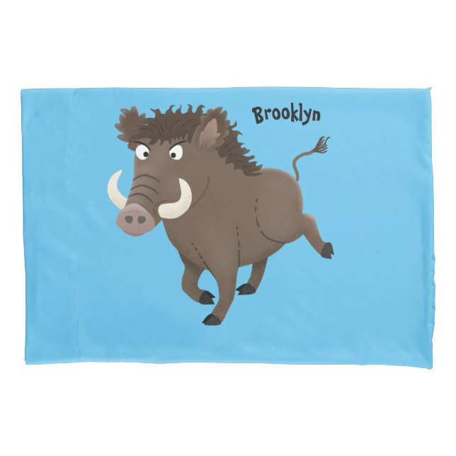 Funny wild boar razorback cartoon illustration pillow case (Front)