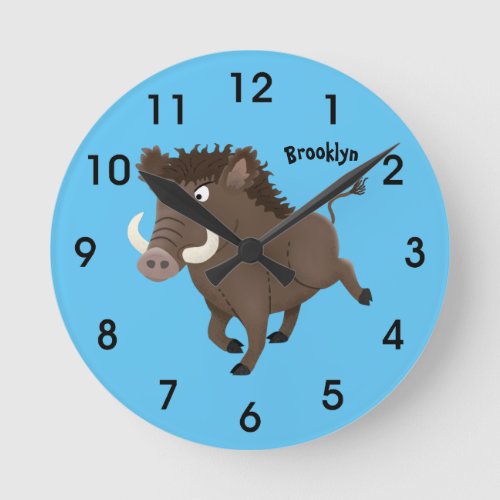 Funny wild boar razorback cartoon illustration round clock