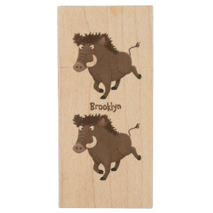 Funny wild boar razorback cartoon illustration wood flash drive