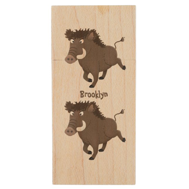 Funny wild boar razorback cartoon illustration wood flash drive (Front Vertical)