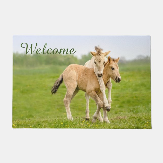 Funny Wild Konik Horses Foals Playing - Welcome - Doormat (Front)