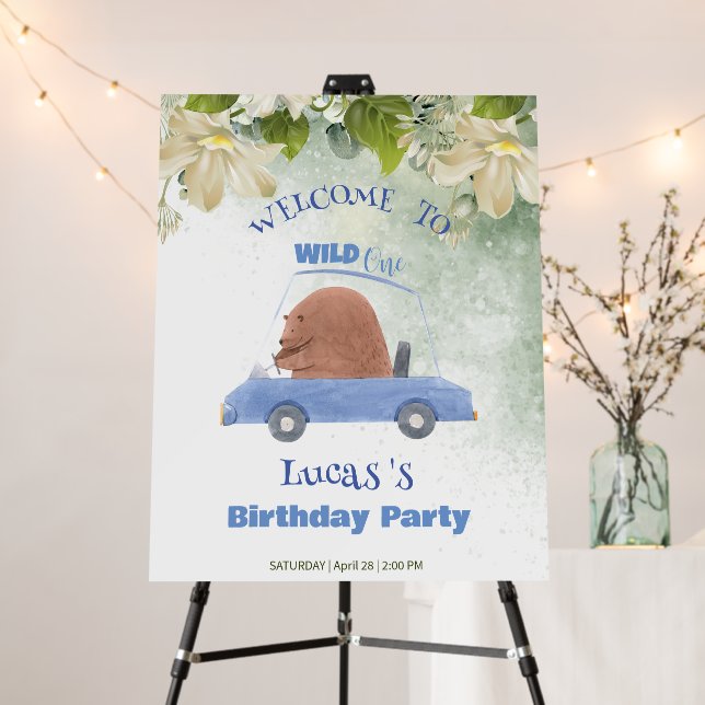 Funny Wild One Safari Bear Car Birthday party Foam Board (In Situ (Stand))