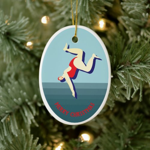 Funny wild swimming woman Christmas Ceramic Ornament