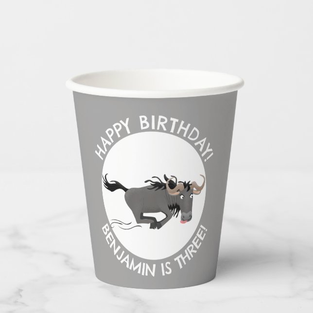 Funny wildebeest personalized cartoon birthday paper cups (Front)