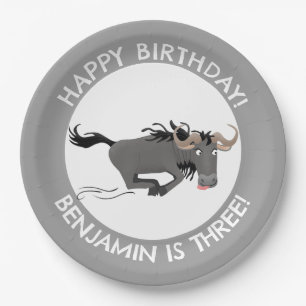 Funny wildebeest personalized cartoon birthday paper plates