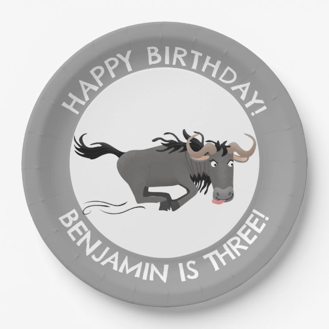 Funny wildebeest personalized cartoon birthday paper plates (Front)
