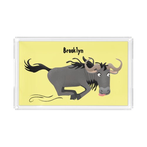 Funny wildebeest running cartoon illustration acrylic tray