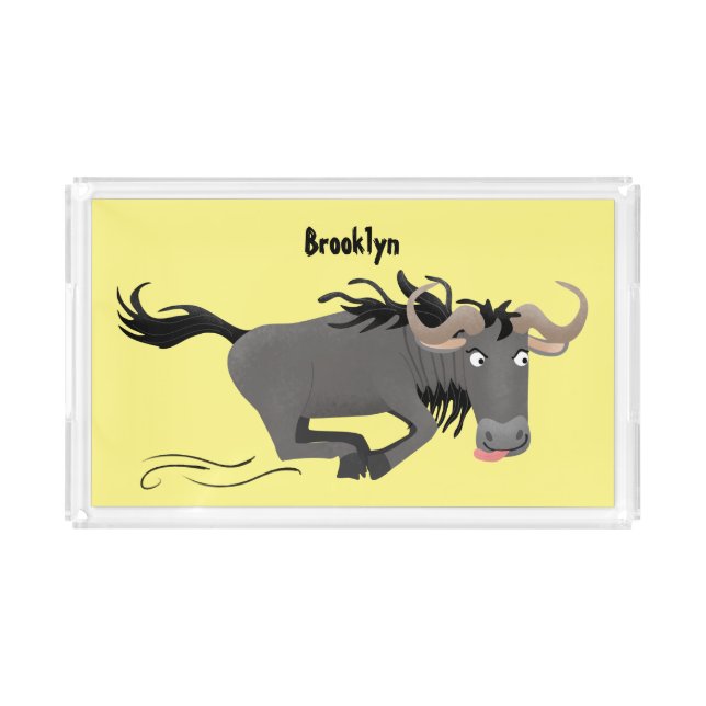 Funny wildebeest running cartoon illustration acrylic tray (Front)