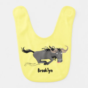 Funny wildebeest running cartoon illustration baby bib