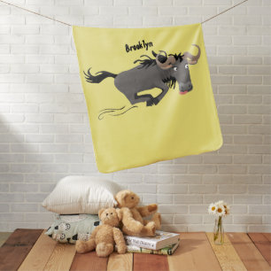Funny wildebeest running cartoon illustration baby blanket