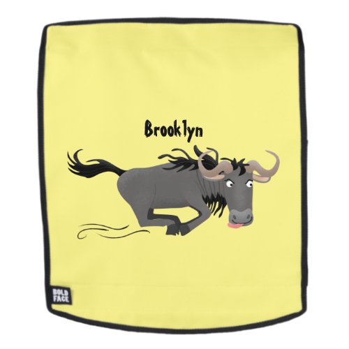 Funny wildebeest running cartoon illustration backpack