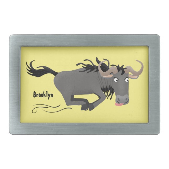 Funny wildebeest running cartoon illustration belt buckle (Front)