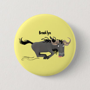 Funny wildebeest running cartoon illustration button