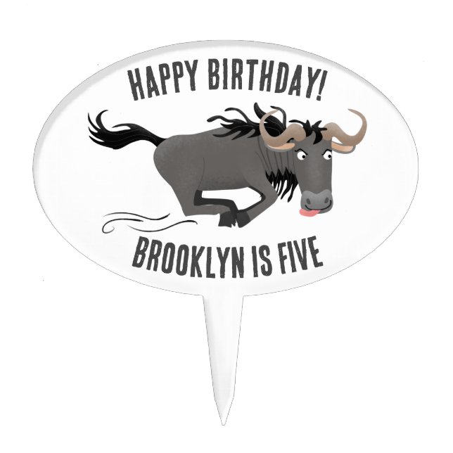 Funny wildebeest running cartoon illustration cake topper (Front)
