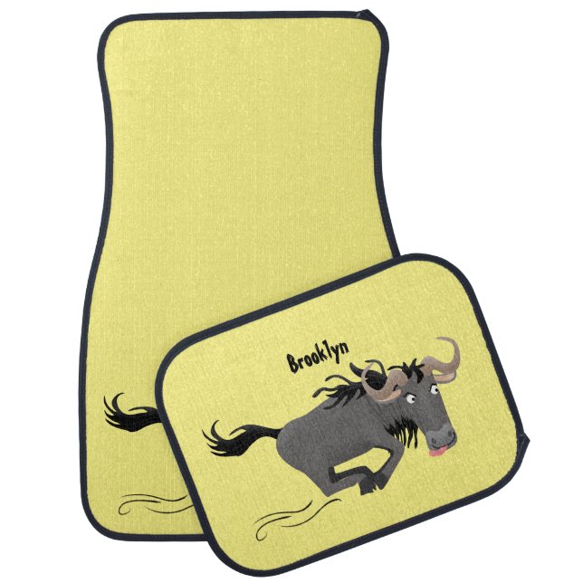 Funny wildebeest running cartoon illustration car floor mat (Set)