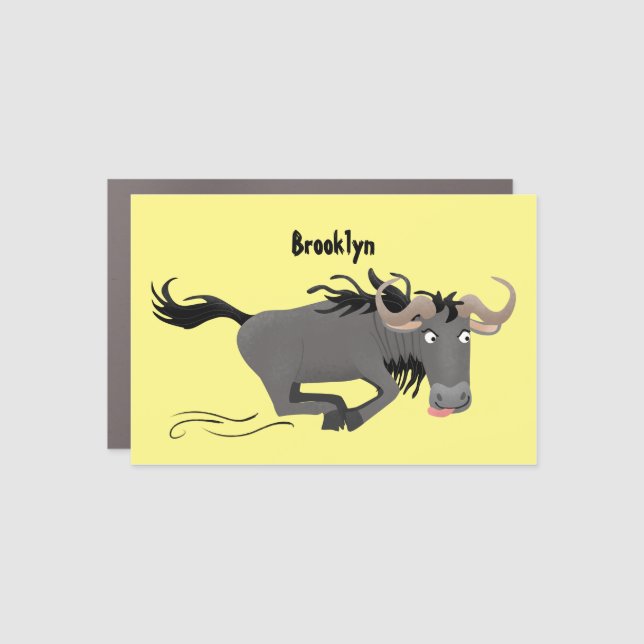 Funny wildebeest running cartoon illustration car magnet (Front)