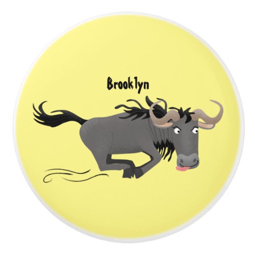 Funny wildebeest running cartoon illustration ceramic knob