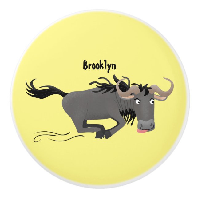 Funny wildebeest running cartoon illustration ceramic knob (Front)