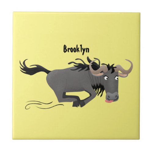 Funny wildebeest running cartoon illustration ceramic tile