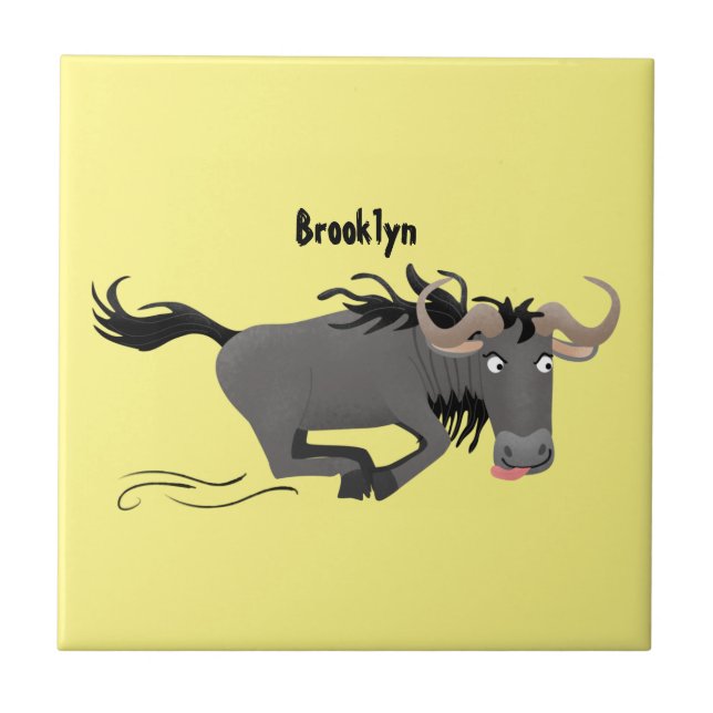 Funny wildebeest running cartoon illustration ceramic tile (Front)
