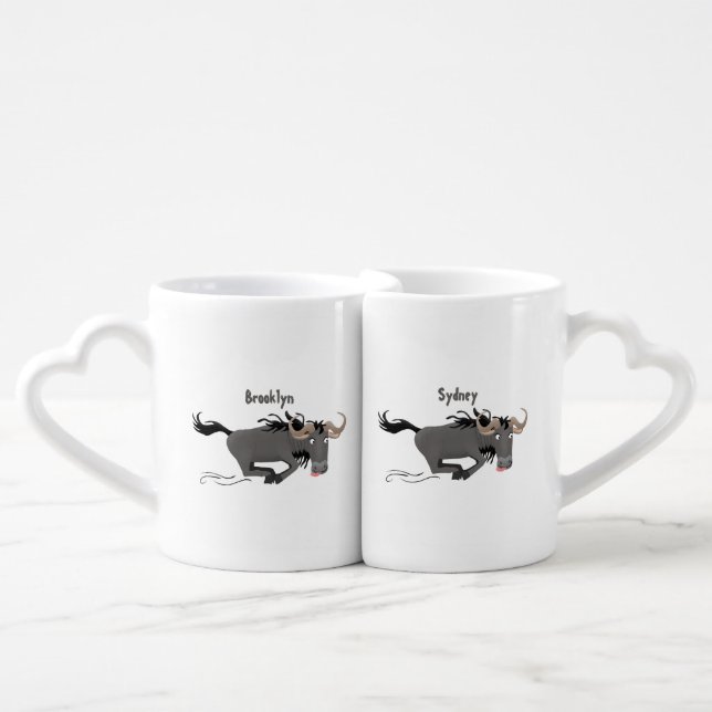 Funny wildebeest running cartoon illustration coffee mug set (Front Nesting)