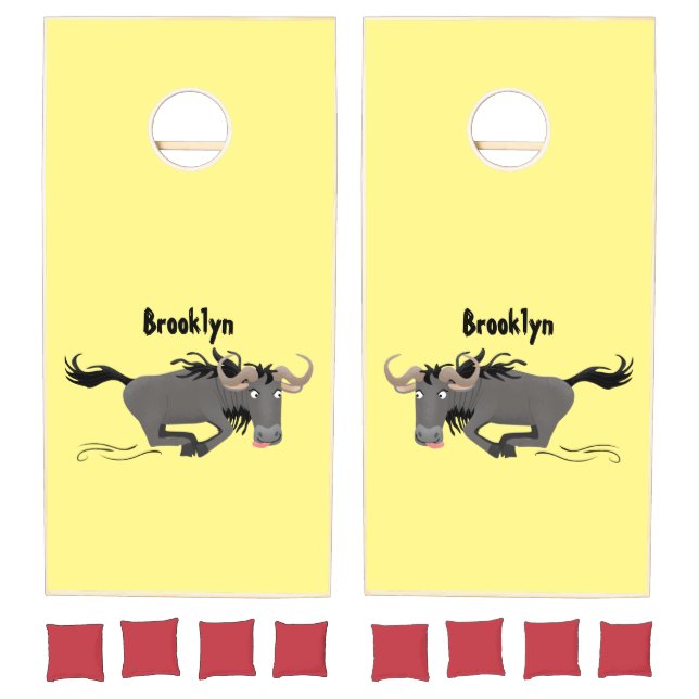 Funny wildebeest running cartoon illustration cornhole set (Set)