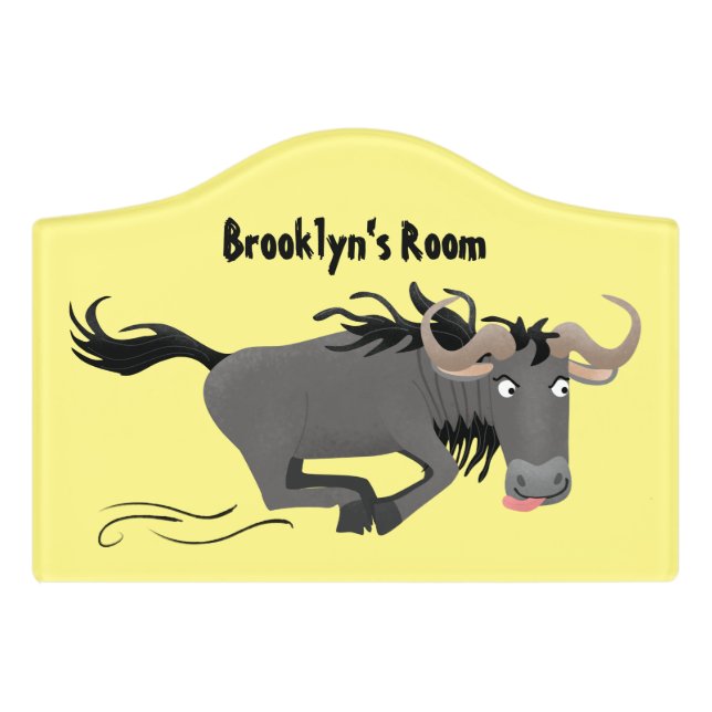 Funny wildebeest running cartoon illustration door sign (Small Crest Front)