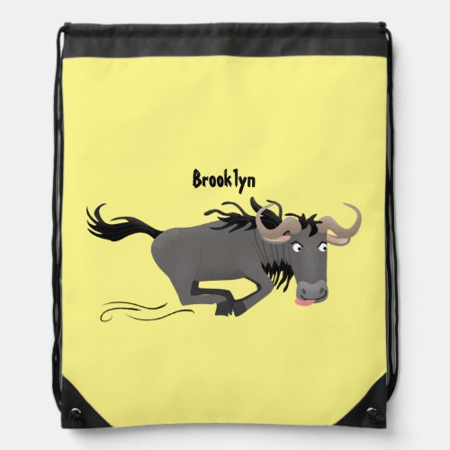 Funny wildebeest running cartoon illustration drawstring bag