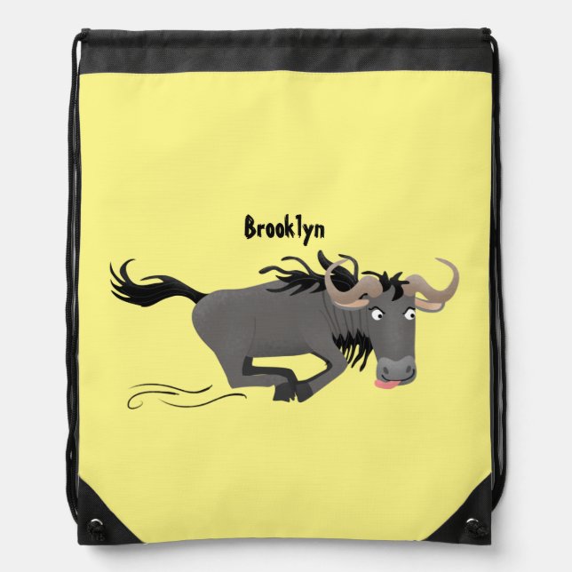 Funny wildebeest running cartoon illustration drawstring bag (Front)